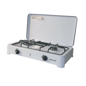 Fornello a gas 2 fuochi bianco con coperchio e griglia in acciaio