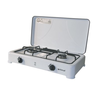 Fornello a gas 2 fuochi bianco con coperchio e griglia in acciaio